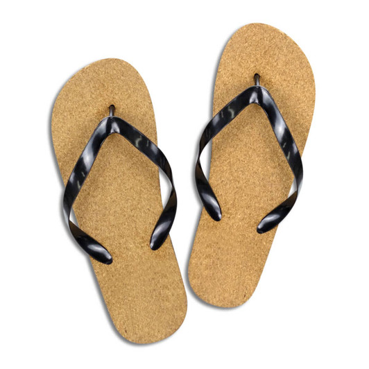 A pair of black thong-style flip flops with a cork sole, featuring a simple design.