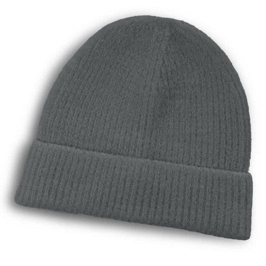 A grey beanie with a textured finish and a folded cuff, featuring a small logo.