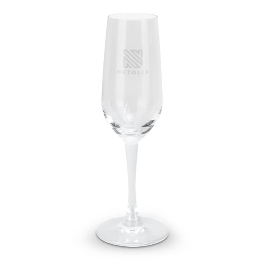 A clear champagne flute featuring a tall stem and a branded logo, perfectly suited for celebrations.