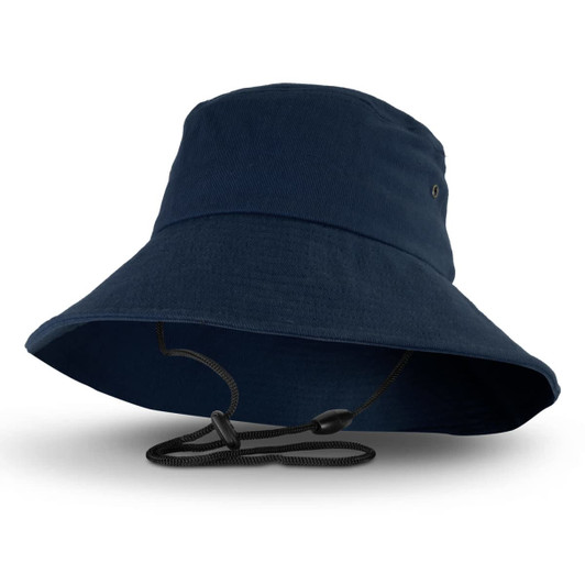 A navy Yuma bucket hat with a wide brim and an adjustable chin strap, featuring a logo.