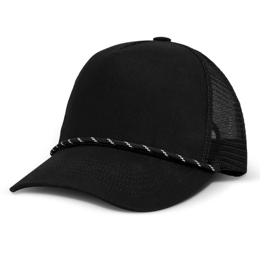 A black trucker cap with a mesh back and a decorative rope band across the front.