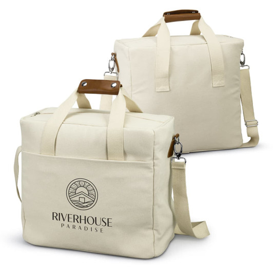 A cream cooler tote bag with wooden handles and an adjustable strap, featuring a logo on the front.