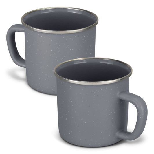 A matte grey enamel mug with a silver rim and a sturdy handle, displayed in a pair.