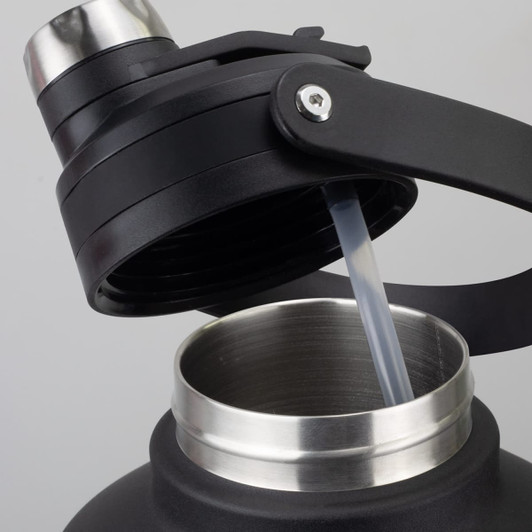 A drink bottle featuring a black exterior and a stainless steel opening with a straw inserted.