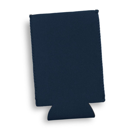 A drink cooler in navy blue with a stitched design and a bottom cut-out, featuring a logo.