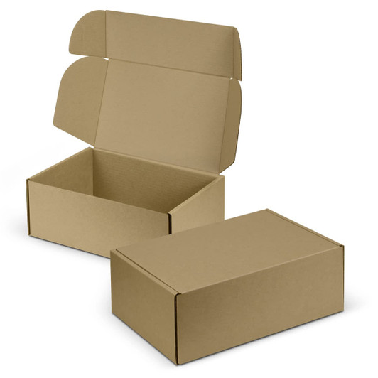 A brown die cut box with a locking lid, partially open, displayed next to a closed version of the box.