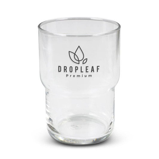 A clear glass tumbler featuring a logo, designed with a stackable shape, holds 460ml.