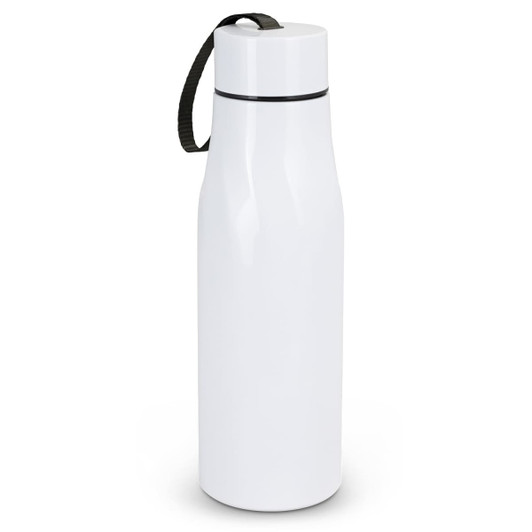 A drink bottle in white with a black strap and a sleek, cylindrical design, featuring a logo.