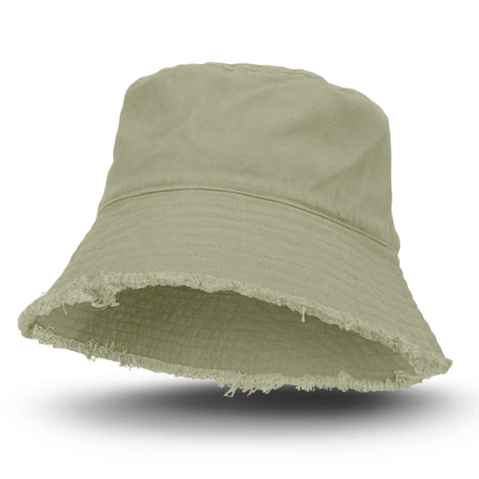 A raw edge bucket hat in a soft green colour, featuring a frayed brim and a simple design.
