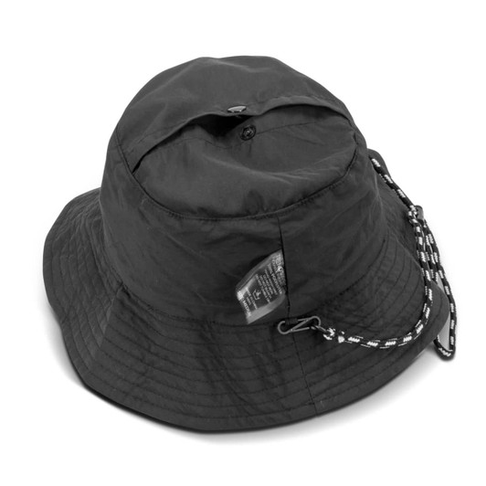 A black packable bucket hat with a chin strap and a logo tag on the side.