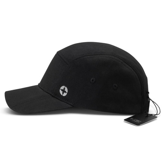 A black Swiss Peak 5 Panel Cap with a branded logo and a tag. Features a curved brim and ventilation holes.