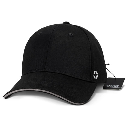 A black six-panel cap featuring a curved peak and a logo, with grey detailing on the brim.