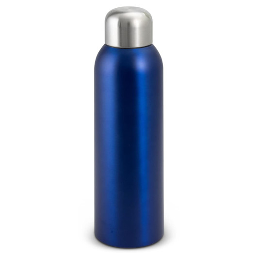 A drink bottle in a sleek blue finish with a stainless steel cap and a smooth, metallic surface.