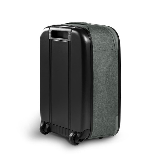 A small wheeled suitcase featuring a black hard shell and grey fabric side. It includes a handle and wheels for transport.