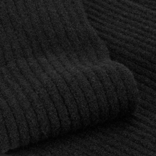 A black ribbed texture of a scarf and beanie set. The fabric appears soft and warm. Features a brand logo.
