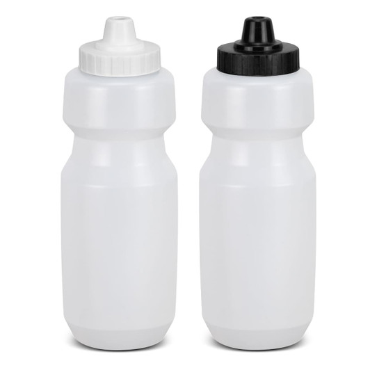 A drink bottle in white and black, featuring a sleek, minimalist design with caps ready for use.
