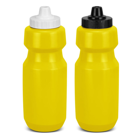 A drink bottle set featuring two bright yellow bottles with black and white lids. Each bottle has a logo.
