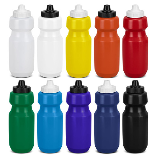 A drink bottle set featuring twelve bottles in white, yellow, orange, green, blue, purple, and black, each with a black cap.