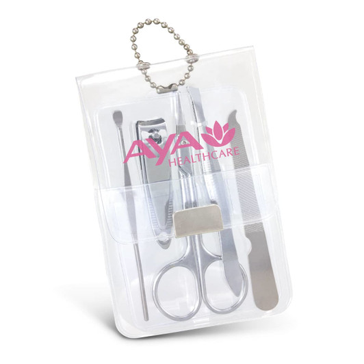 A vinyl manicure set in a clear pouch, featuring stainless steel tools including scissors, a file, and a cuticle pusher.