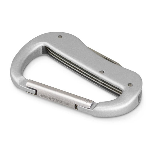 A silver carabiner multi-tool featuring a sleek design and integrated functions, ideal for keyrings and tools.