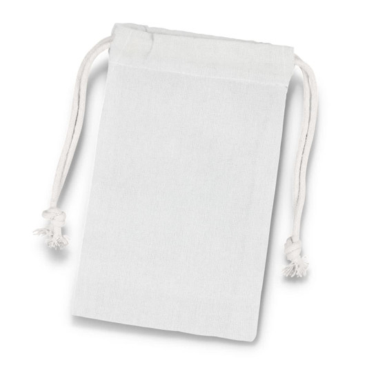 A small white cotton gift bag with drawstring closure and tassels. It features a simple design and is unbranded.