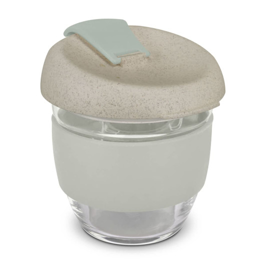 A drink bottle with a clear base and a light grey silicone sleeve, featuring a beige lid and a logo.