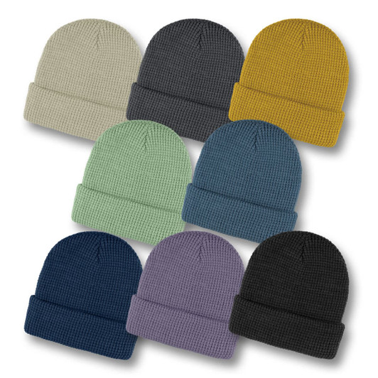 A set of Galway Waffle Beanies in various colours: beige, grey, mustard, green, navy, purple, and black.