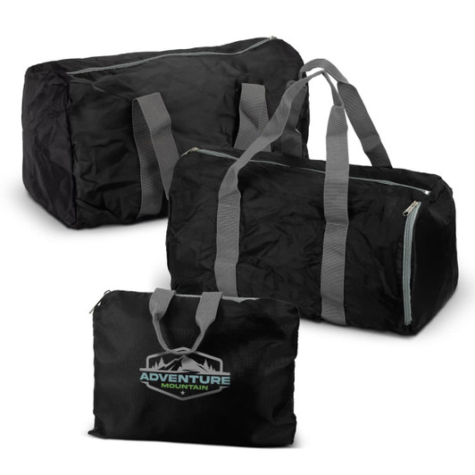 A black foldable duffle bag with grey straps and a logo. It displays three sizes of the bag.