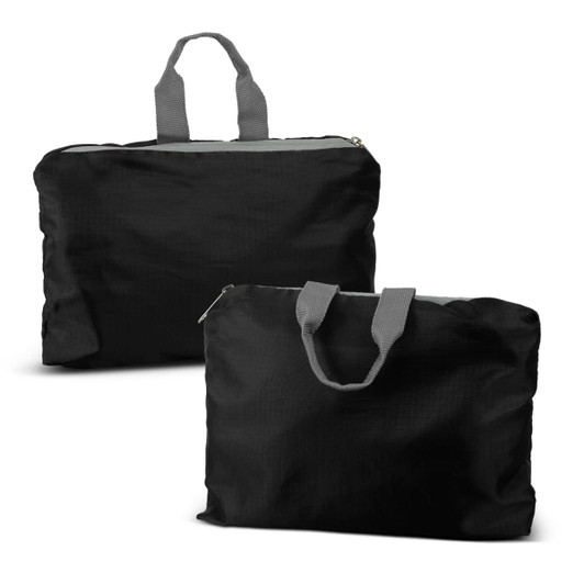 A black foldable duffle bag with grey handles, featuring a zip closure and a compact design.