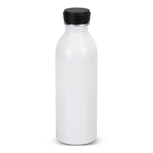 A drink bottle in sleek white aluminium with a black screw-on lid and branding visible.