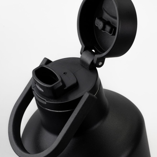 A drink bottle in matte black with a flip-top lid and a handle, featuring a logo on the side.