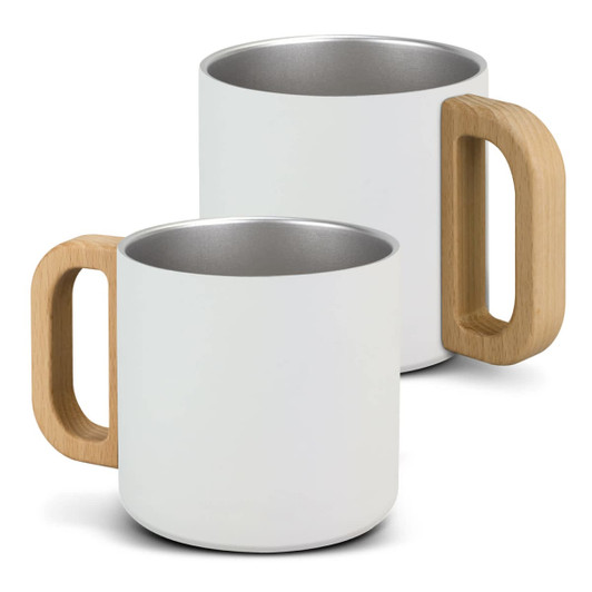 A drink bottle set featuring white stainless steel mugs with wooden handles. Both mugs have a sleek design.
