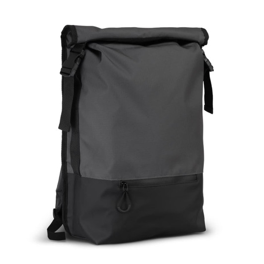A grey Fjord Backpack featuring a roll-top design with a black base and a front zip pocket.