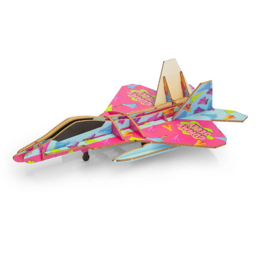 A wooden model of a jet fighter in pink and blue with colourful patterns. It features a branding logo on it.