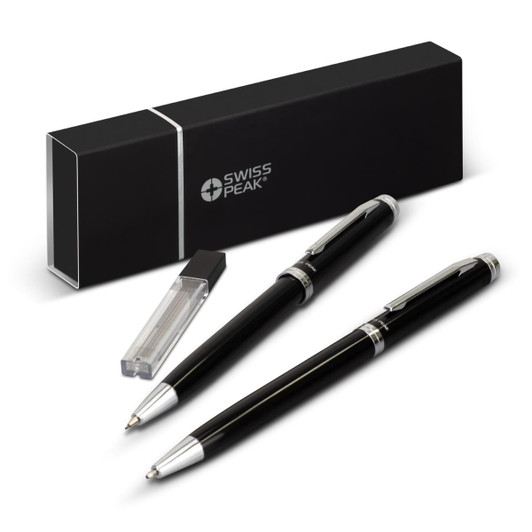 A black pen and pencil set with silver accents, presented in a sleek black box with a logo.