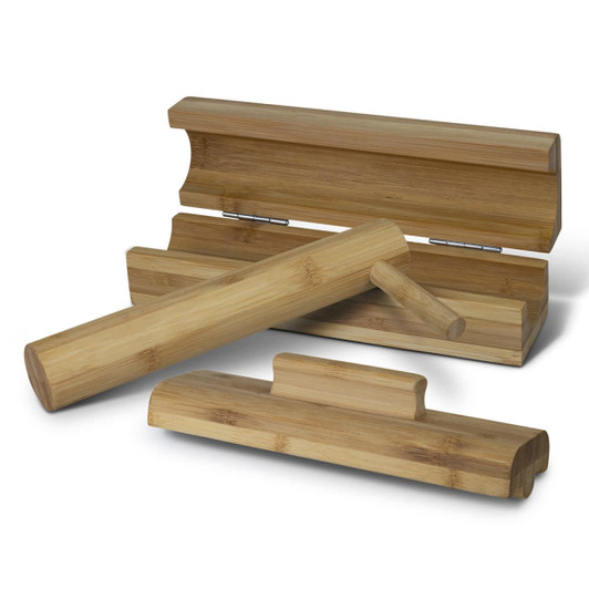 A bamboo sushi maker set featuring a rolling mat, a cylindrical press, and a rectangular holder in natural bamboo tones.