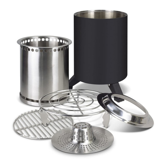 A set of stainless steel cooking components in silver and black, including a cooker, grates, and a pot.