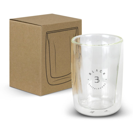 A double wall glass with a clear finish, presented next to a plain brown box. It features a logo.