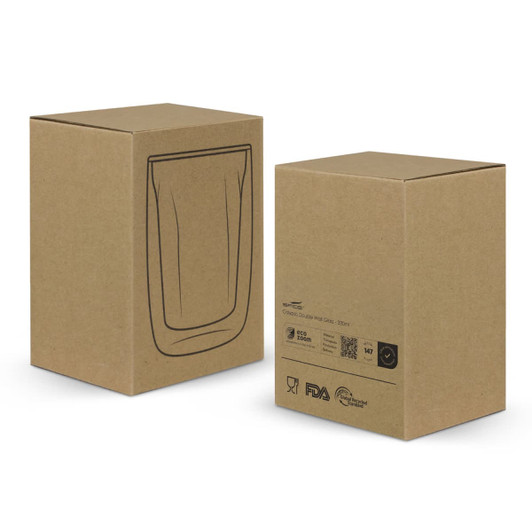 A glassware product box featuring a double wall glass with a minimalist design, in a natural brown colour.