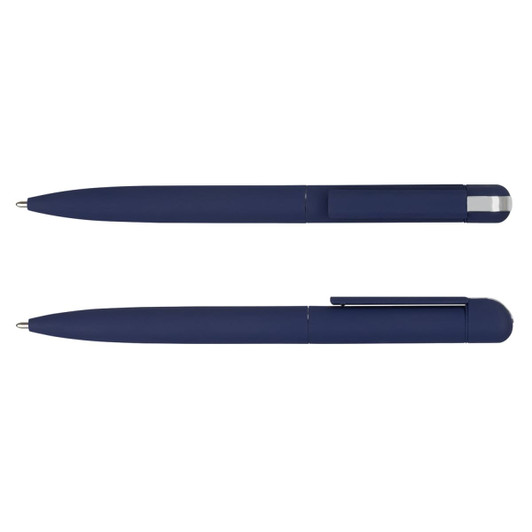 A navy metal pen set, featuring a sleek design with a silver clip and tip. It includes two pens, one with a cap.
