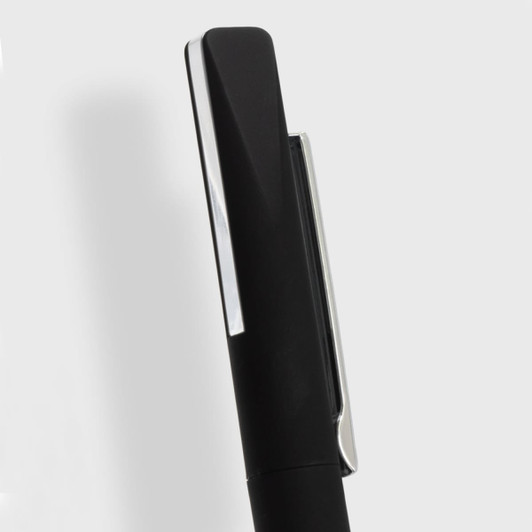 A black metal pen with a shiny silver clip, featuring a sleek and elegant design. It has a branding logo.