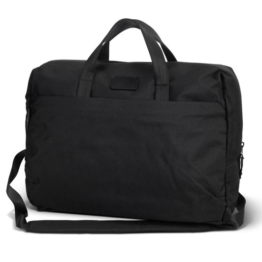 A black laptop bag with dual handles, a shoulder strap, and a zippered pocket on the back. Features a logo on the front.
