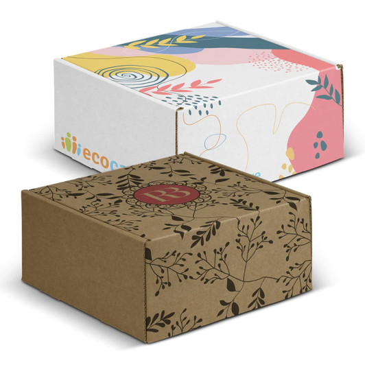 Two die cut boxes with locking lids; one features a colourful design, while the other is a brown kraft box with floral patterns.