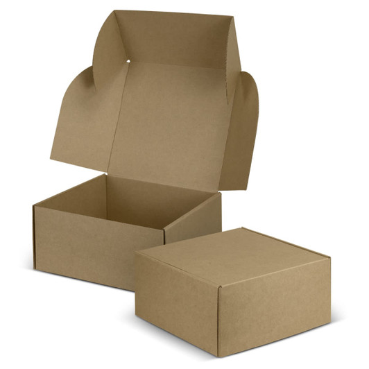 A brown die cut box with a locking lid, featuring an open lid and a closed box beside it.