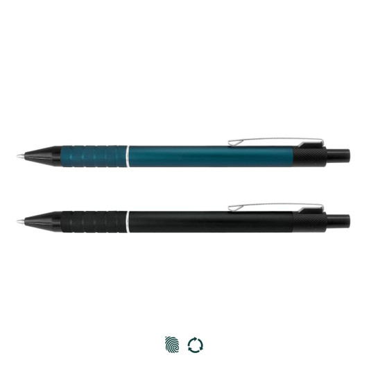 A metal pen set featuring a teal and a black pen, both with textured grips and clips. Each pen has a logo.
