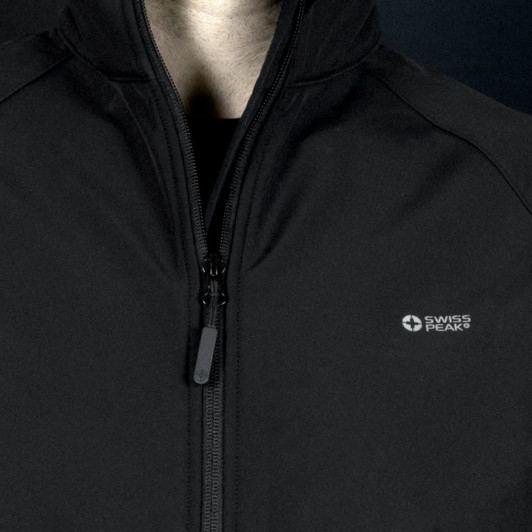 A black Swiss Peak Urban Softshell Jacket featuring a zip front and a logo on the chest.