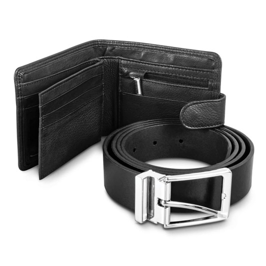 A black leather wallet with multiple card slots and a zippered pocket, paired with a black leather belt featuring a silver buckle.