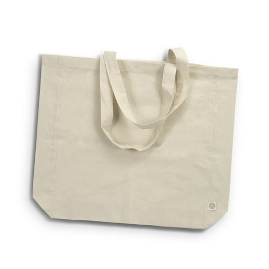 A beige recycled cotton tote bag with two handles and a small logo on one side.
