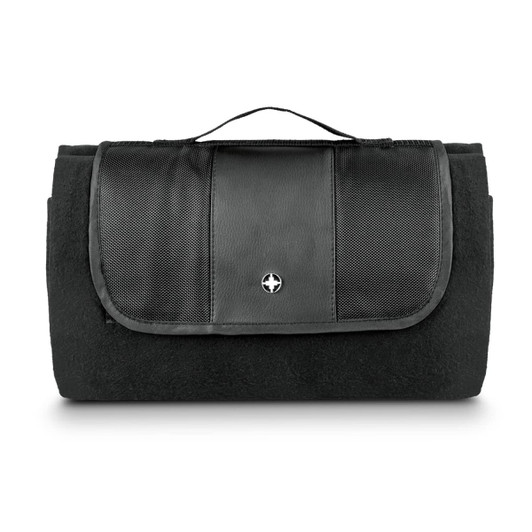 A folded black picnic blanket with a carrying handle and a textured panel on the front, featuring a logo.