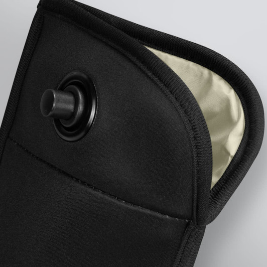 A black lockable phone pouch with a green interior and a secure closure mechanism. It features a logo.
